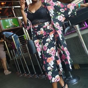 2 piece floral set kimono & pants/beach coverup
